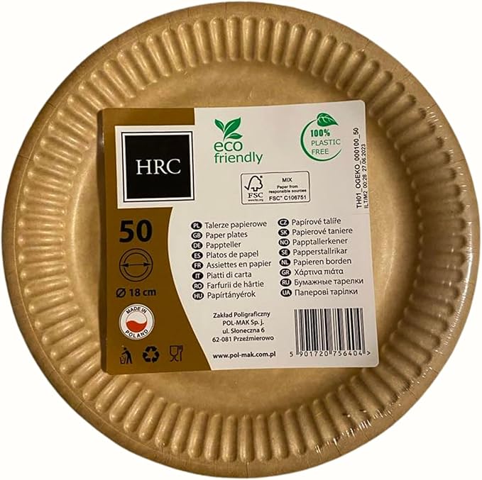 HRC Eco Disposable Paper Plates 18cm Brown Pack of 50 for BBQs