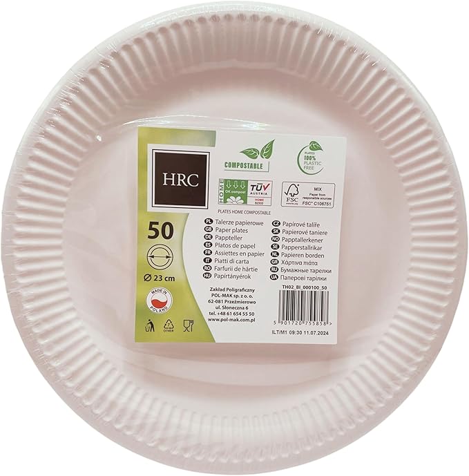 HRC Eco Disposable Paper Plates 50 Pack 23cm White for BBQs