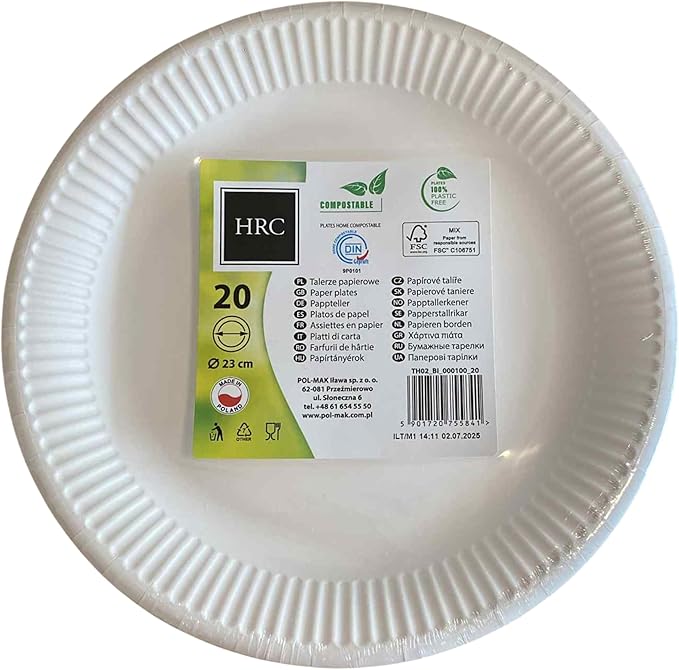 HRC Eco Disposable Paper Plates 20 Pack 23cm White for BBQs
