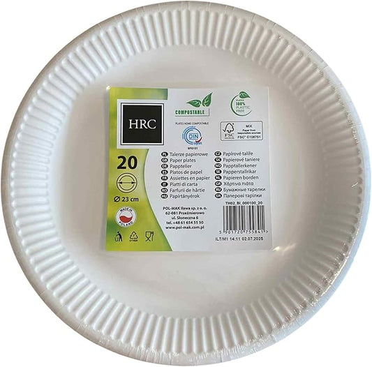 HRC Eco Disposable Paper Plates 20 Pack 23cm White for BBQs
