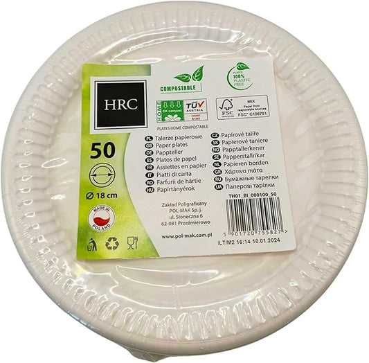 HRC Eco Disposable Paper Plates 18cm White Pack of 50 for BBQs