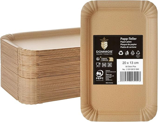 Disposable Paper Plates, Pack of 50, 13 x 20 cm, Brown